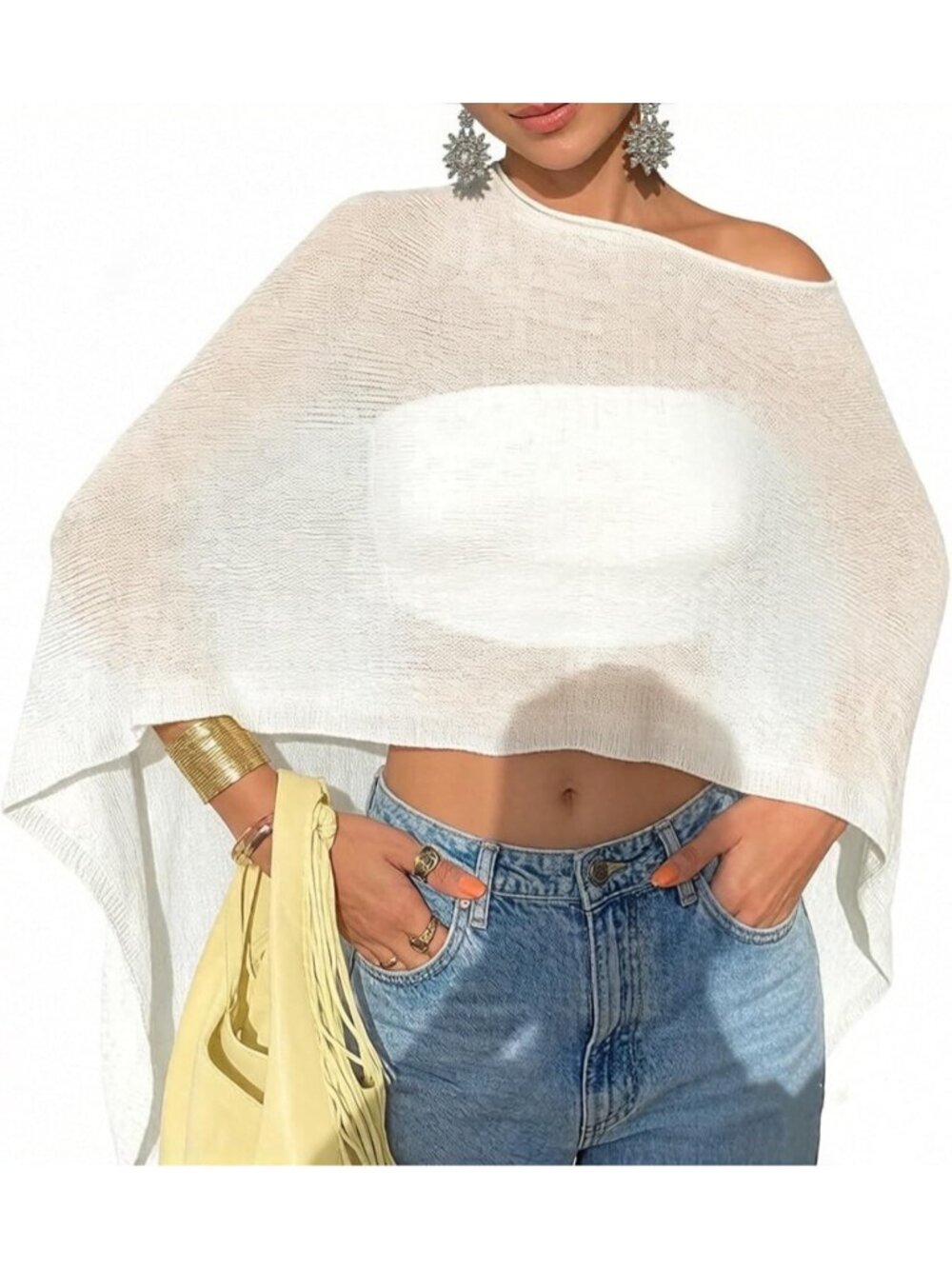 Women's Sheer White Lightweight Knit Crochet Shrug Bolero Mesh Batwing Cover Up